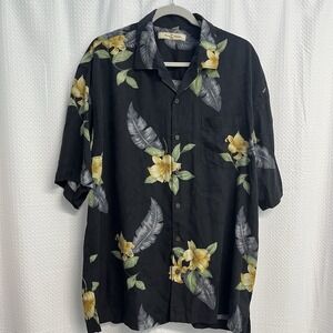 Tommy Bahama Silk Jacquard Black Hibiscus Floral Hawaiian Shirt Large Magnum PI